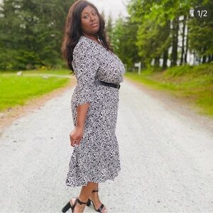 A New Day Black White & Gray Leopard Print Midi Dress
